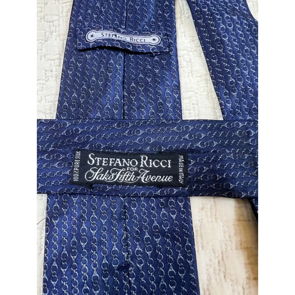 Stefano Ricci for Saks Fifth Avenue Silk Tie Chains Navy Skinny 1980s 58